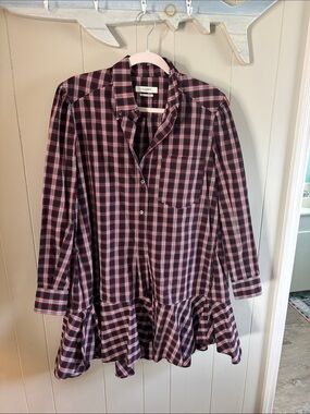 Isabella Etoile Plaid Ruffle Hem Button-Down Dress - Black & Red